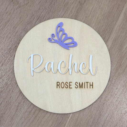 Birth Name Announcement Plaque - butterfly pastel purple