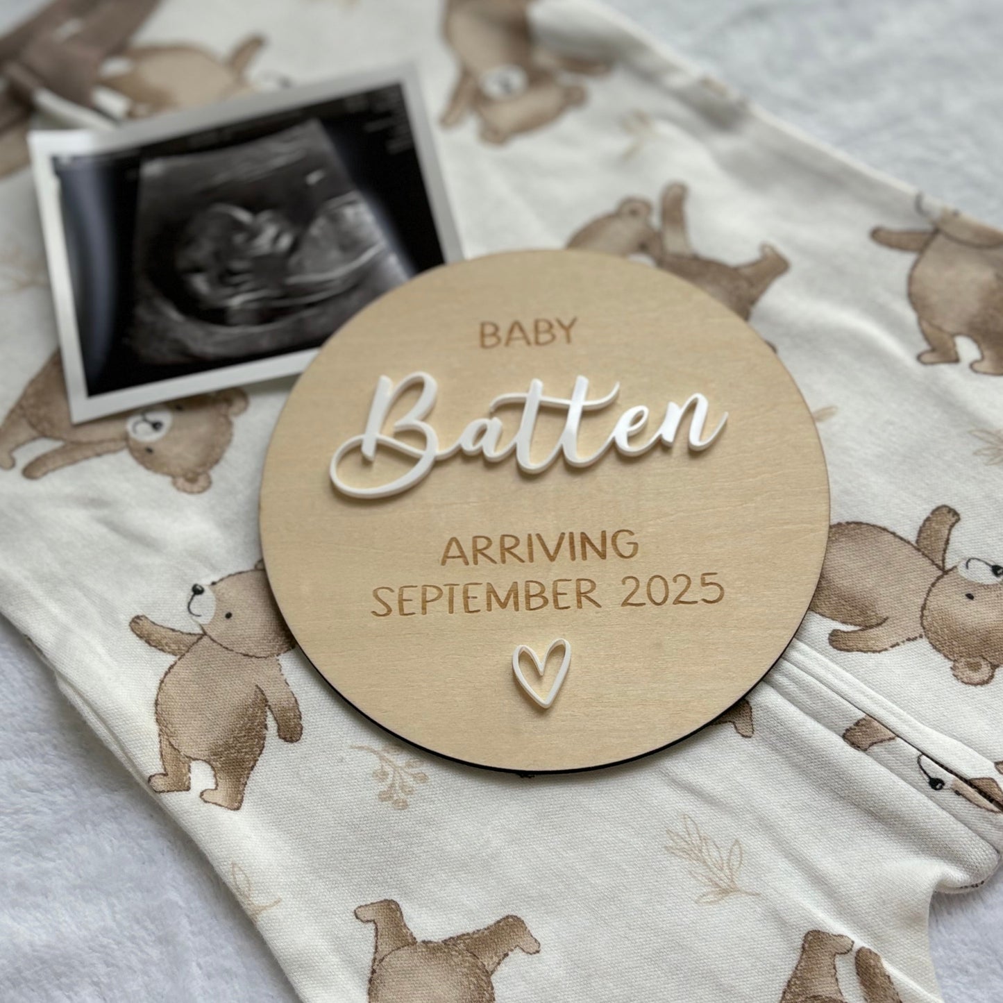 Personalised Baby Annoucement Plaque - white acrylic name and heart image