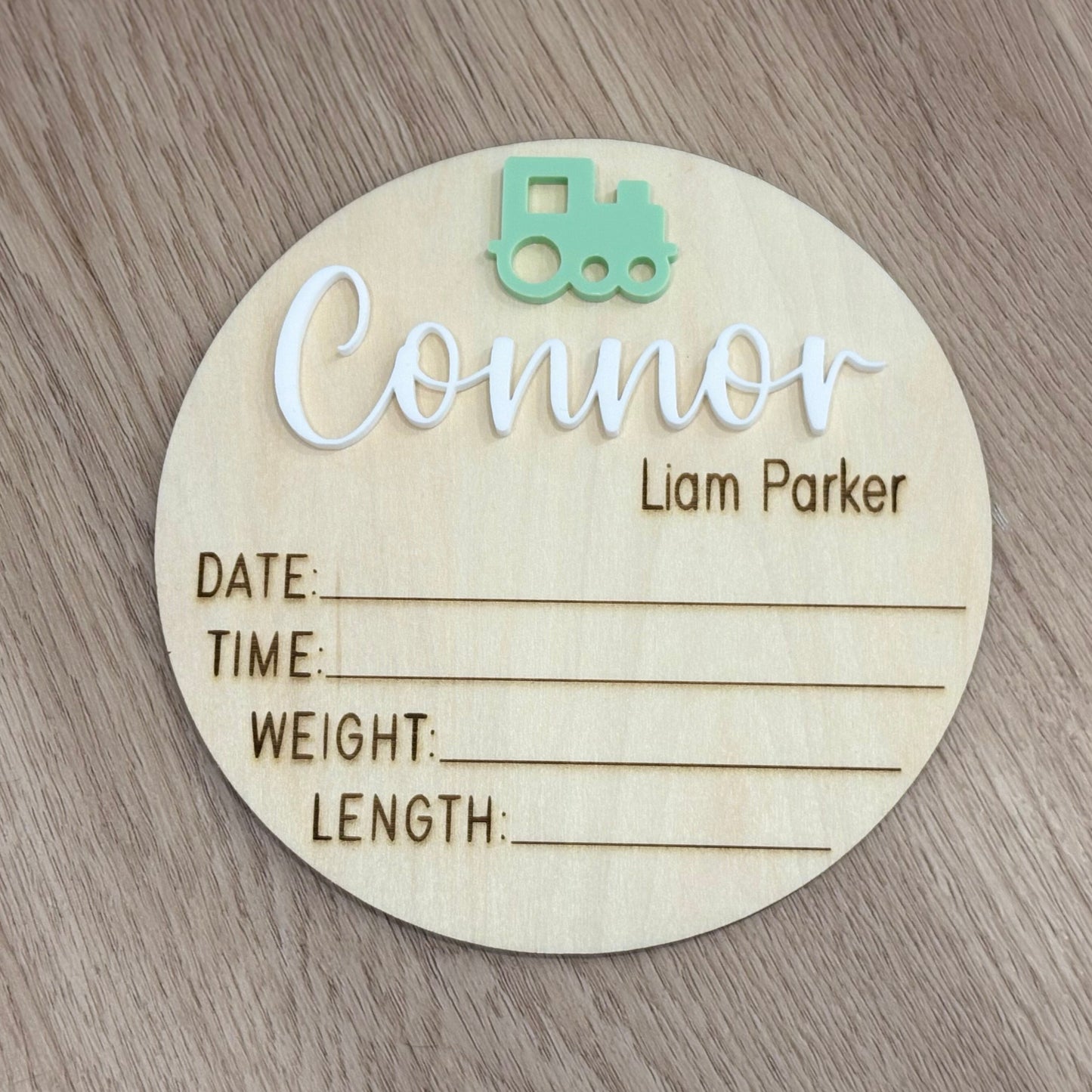 Personalised Birth Announcement Plaque - train green acrylic