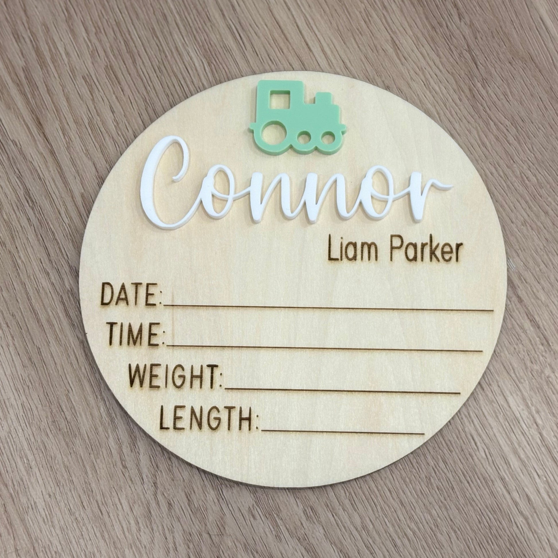 Personalised Birth Announcement Plaque - train green acrylic