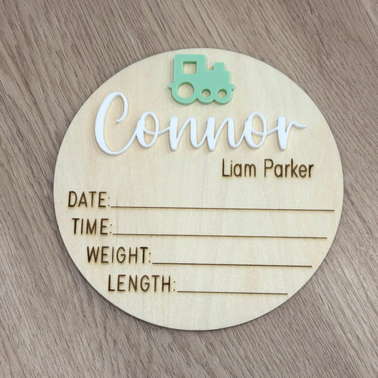 Personalised Birth Announcement Plaque - train green acrylic