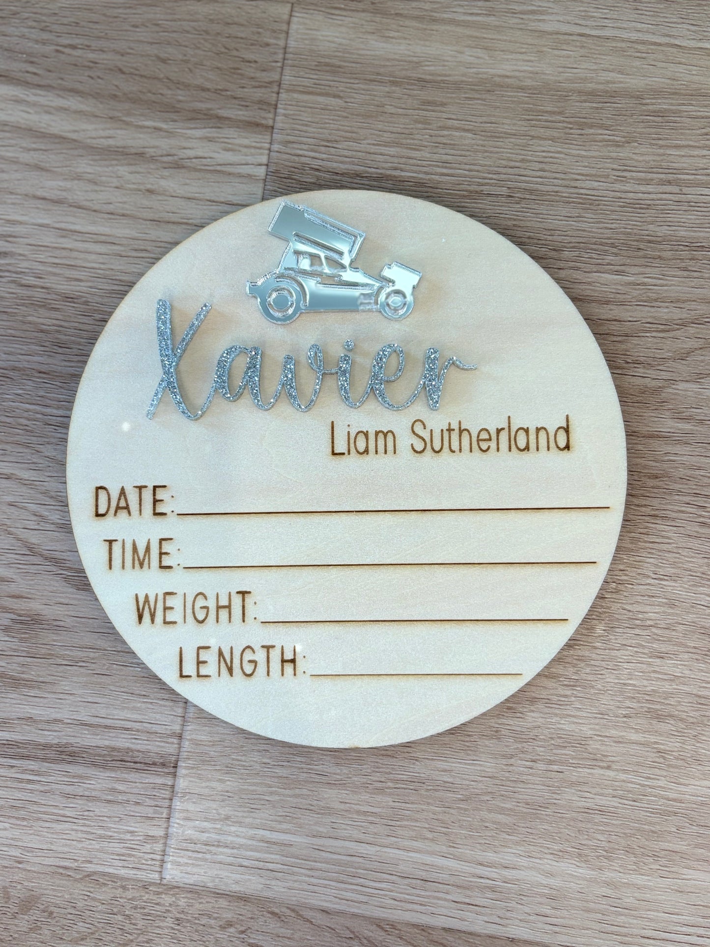 Personalised Birth Announcement Plaque - race car mirror silver