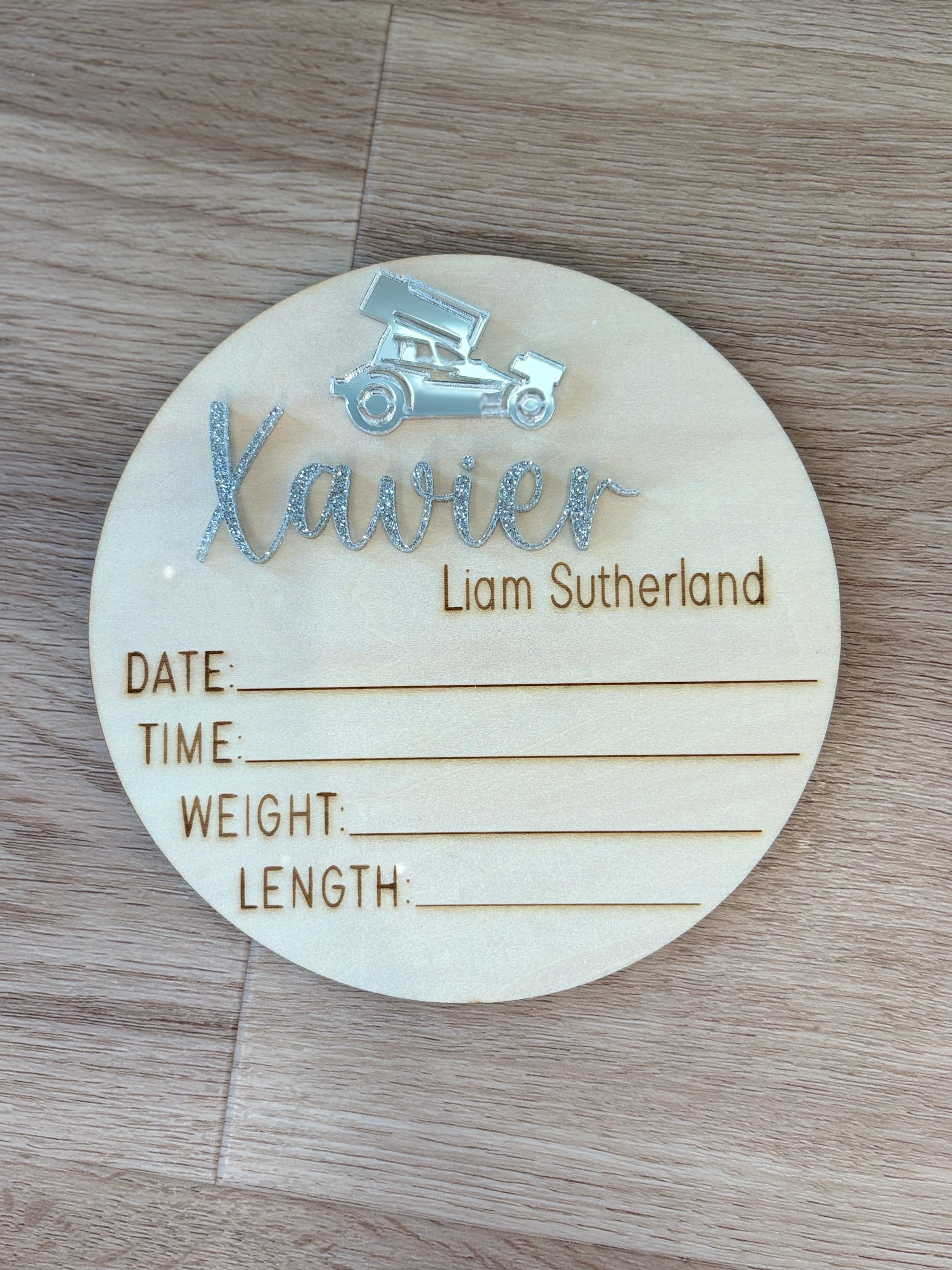 Personalised Birth Announcement Plaque - race car mirror silver