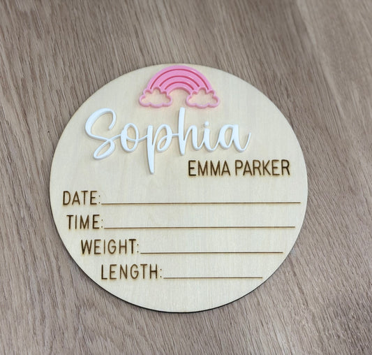 Personalised Birth Announcement Plaque - rainbow pastel pink