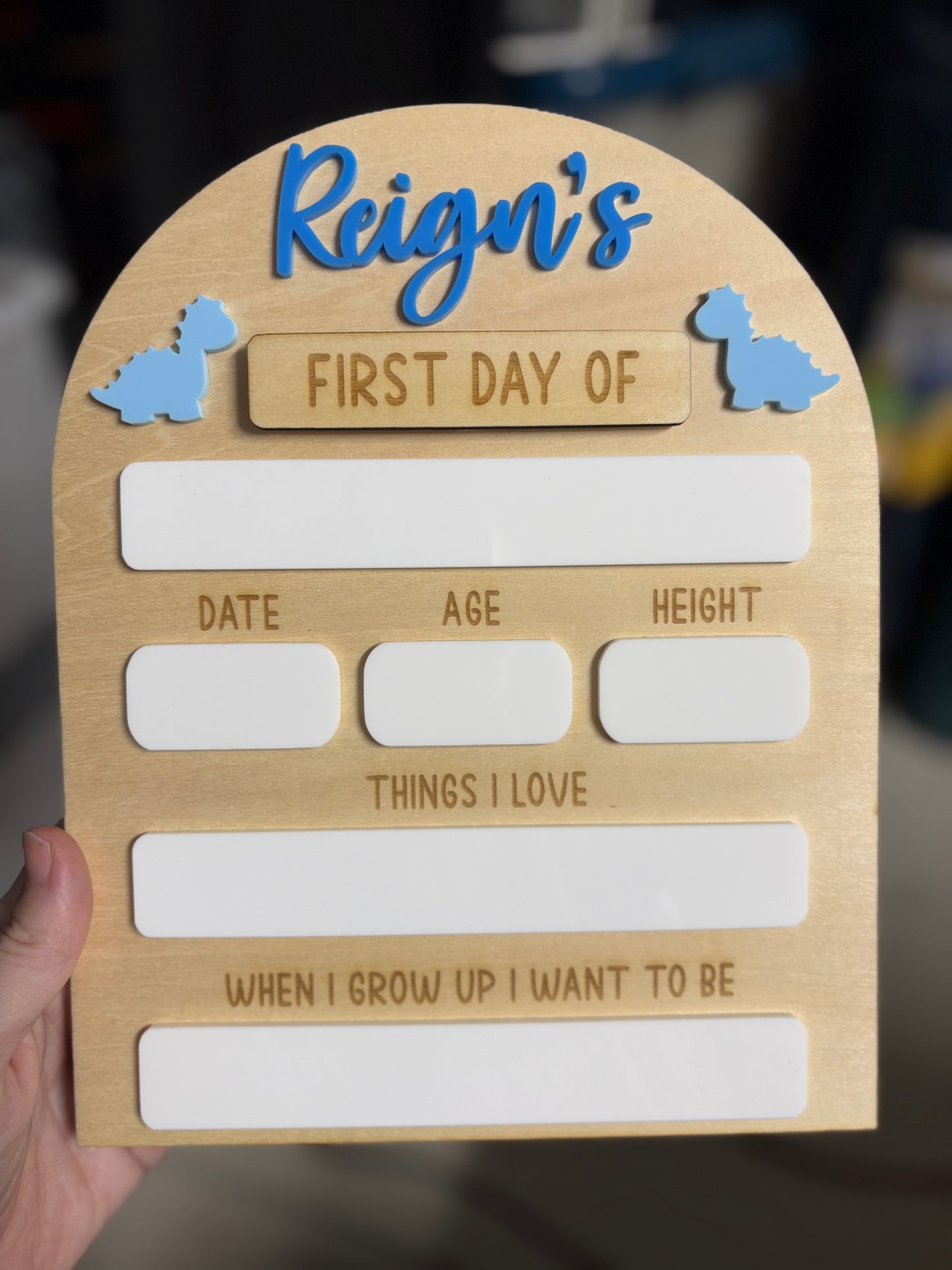 Personalised First Day of School Sign = blue dinosaur