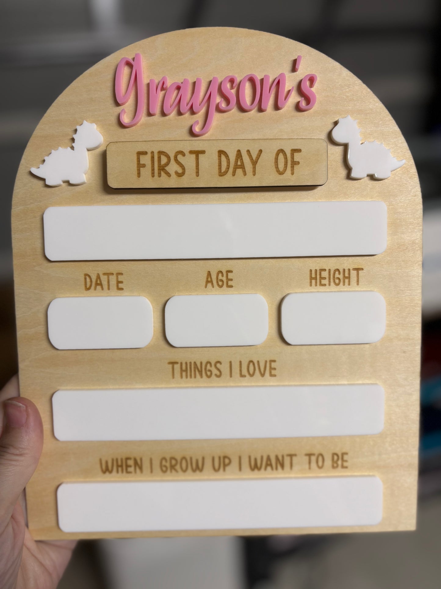 Personalised First Day of School Sign - white dinosaur