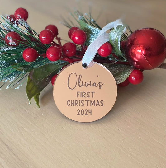 rose gold mirror acrylic personalised first christmas ornament