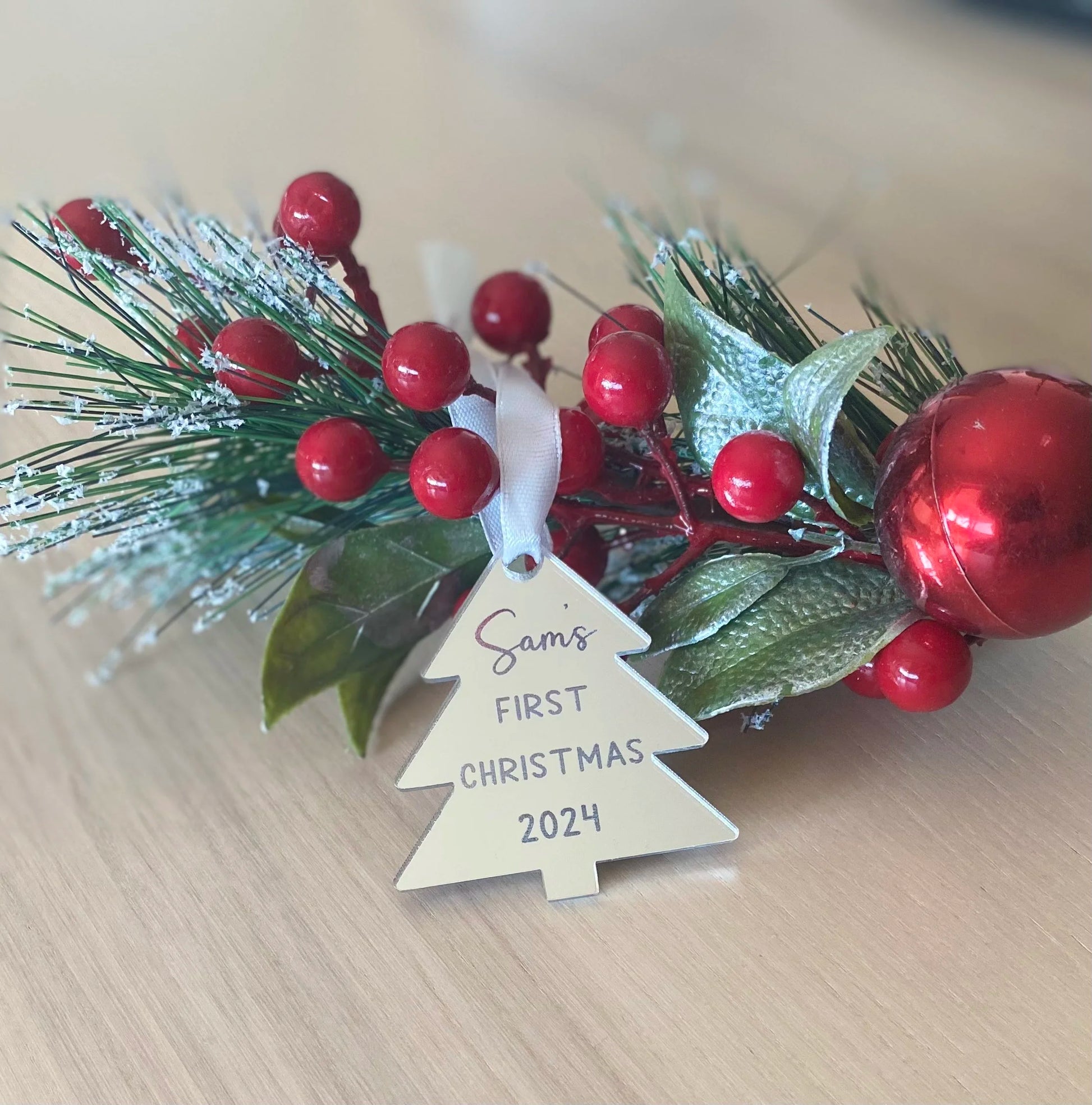Silver mirror acrylic personalised first christmas ornament