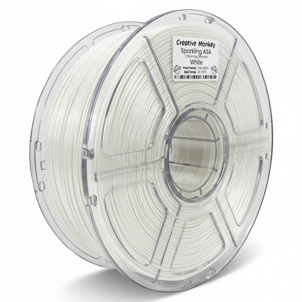 ASA Sparkling White - CMASAsWhite Label, Pearlescent White Filament, White Background, Natural Shadow