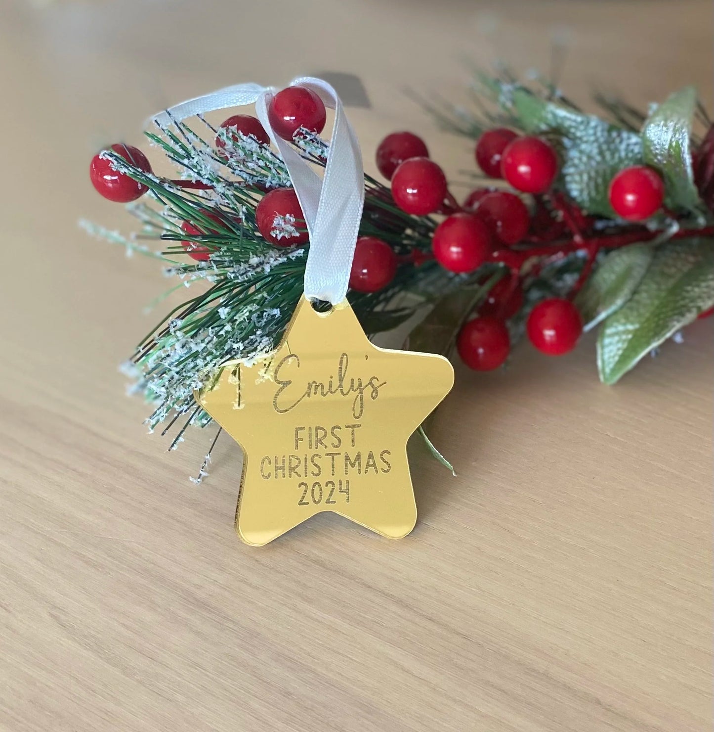 gold mirror acrylic personalised first christmas ornament