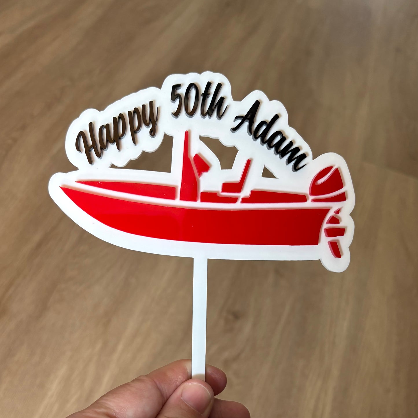 happy 50th name - personalised acrylic double layered cake topper - white, red and black acrylic