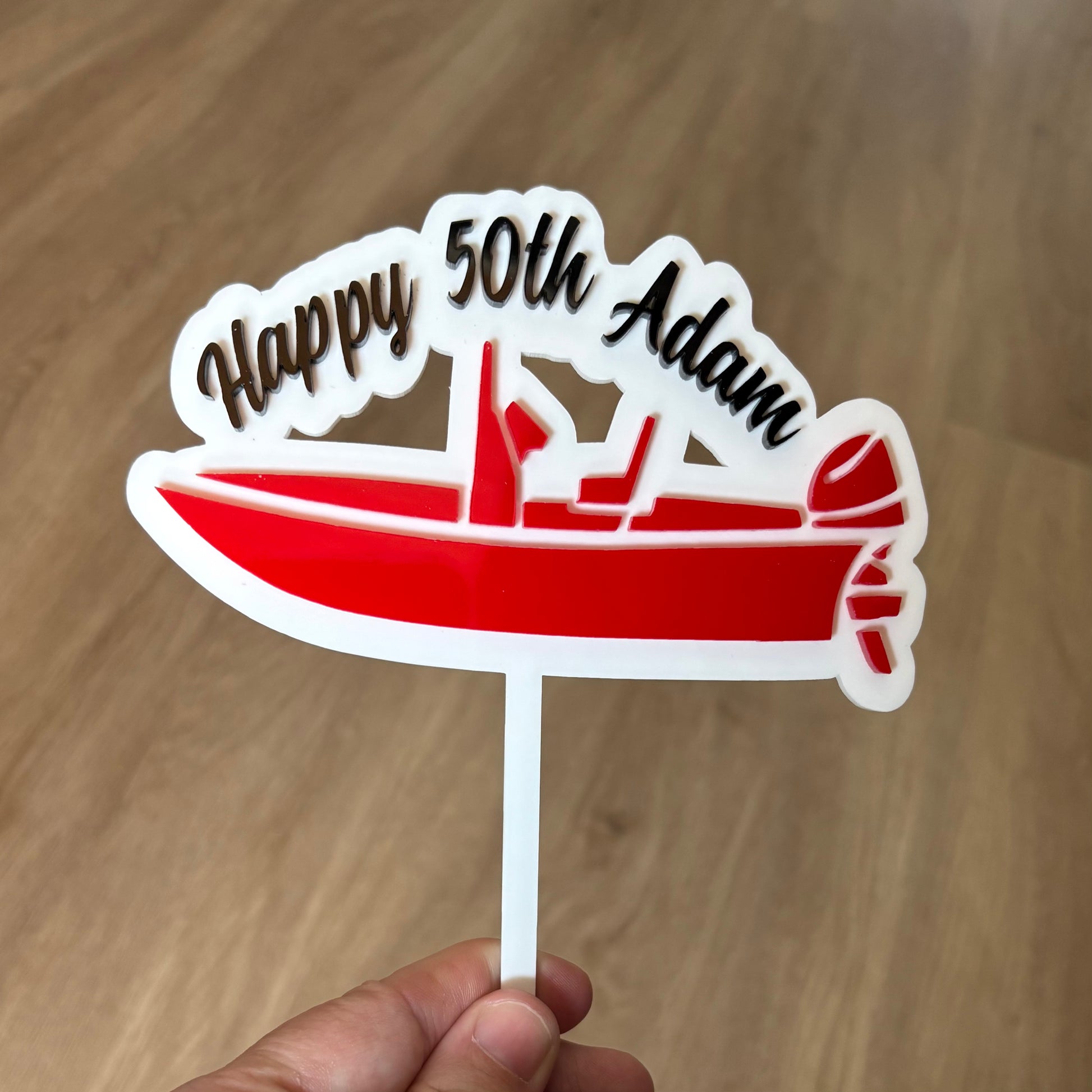 happy 50th name - personalised acrylic double layered cake topper - white, red and black acrylic