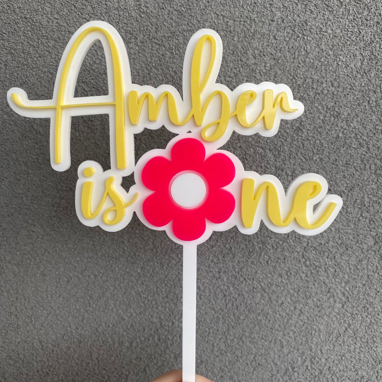 name is one - birthday acrylic cake topper - double layered - white, yellow and pink acrylic