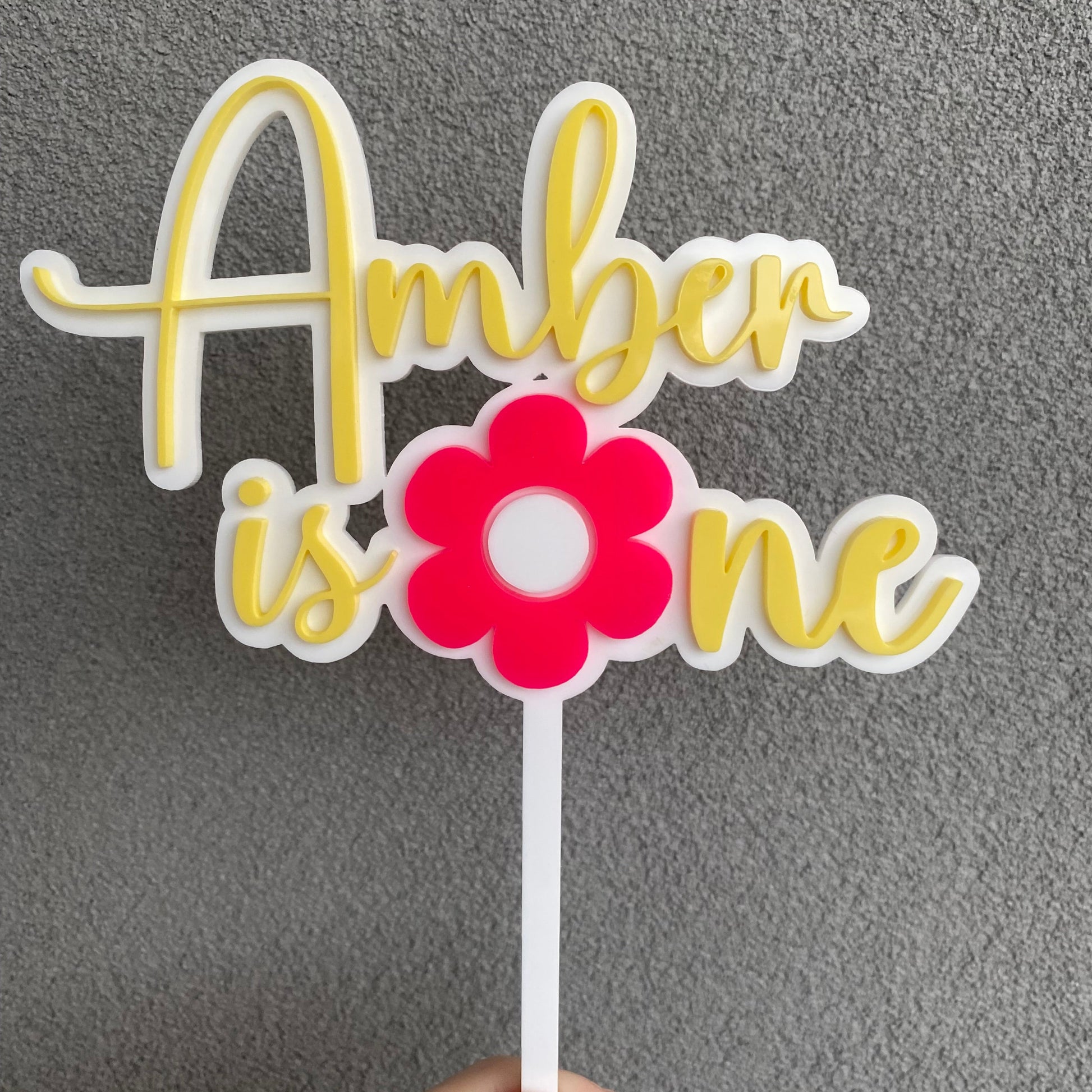 name is one - birthday acrylic cake topper - double layered - white, yellow and pink acrylic