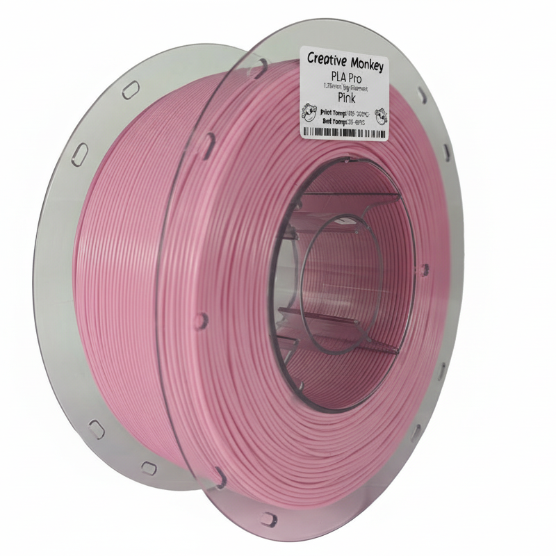 Pink PLA spool with CMPLAPPink label on top front