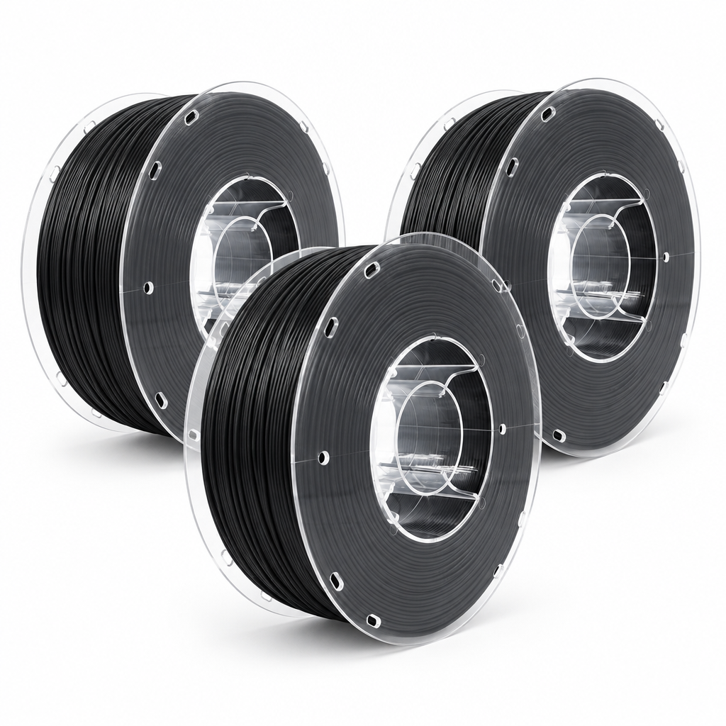 Three rolls of matte black PETG filament on a white background