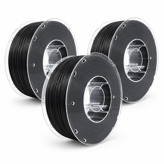 Three rolls of matte black PETG filament on a white background