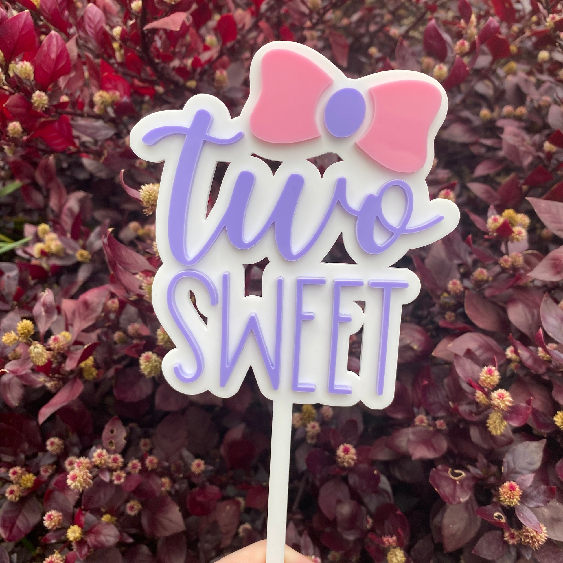 two sweet - acrylic cake topper - double layered - white, pink and purple